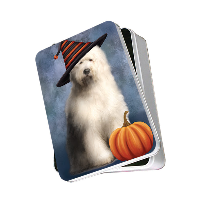 Happy Halloween Old English Sheepdog Wearing Witch Hat with Pumpkin Photo Storage Tin PITN54848