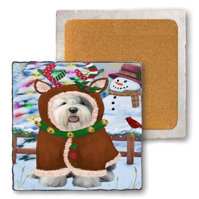 Christmas Gingerbread House Candyfest Old English Sheepdog Set of 4 Natural Stone Marble Tile Coasters MCST51463