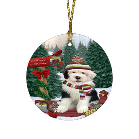 Merry Christmas Woodland Sled Old English Sheepdog Round Flat Christmas Ornament RFPOR55336
