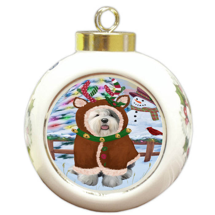 Christmas Gingerbread House Candyfest Old English Sheepdog Round Ball Christmas Ornament RBPOR56819