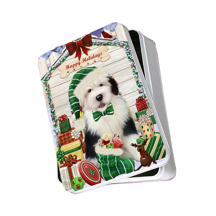 Happy Holidays Christmas Old English Sheepdog House With Presents Photo Storage Tin PITN52161