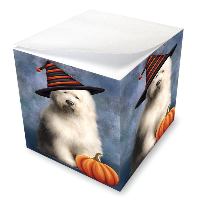Happy Halloween Old English Sheepdog Wearing Witch Hat with Pumpkin Note Cube NOC56551