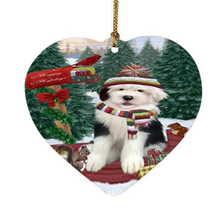 Merry Christmas Woodland Sled Old English Sheepdog Heart Christmas Ornament HPOR55336