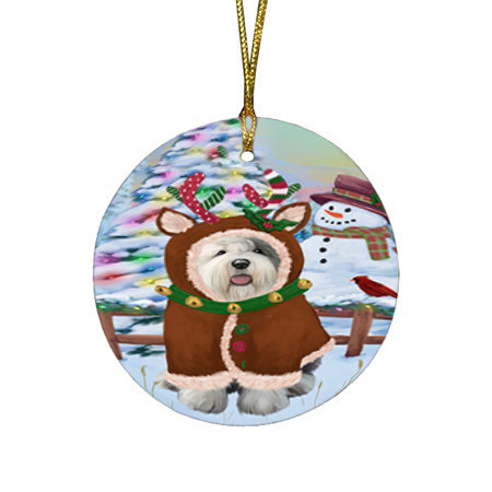 Christmas Gingerbread House Candyfest Old English Sheepdog Round Flat Christmas Ornament RFPOR56819
