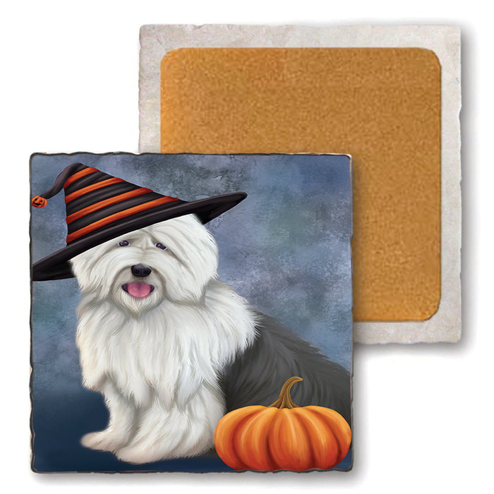 Happy Halloween Old English Sheepdog Wearing Witch Hat with Pumpkin Set of 4 Natural Stone Marble Tile Coasters MCST49906