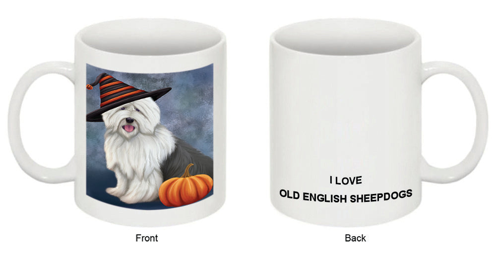 Happy Halloween Old English Sheepdog Wearing Witch Hat with Pumpkin Coffee Mug MUG50304