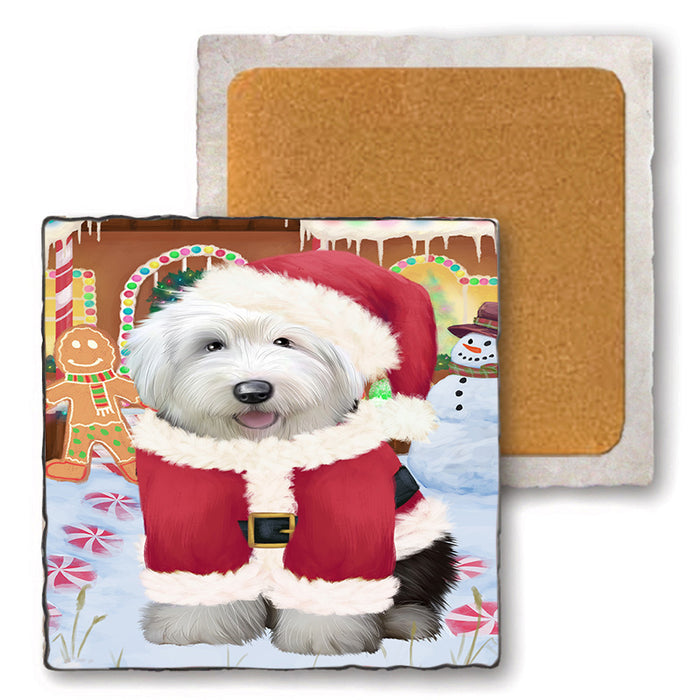 Christmas Gingerbread House Candyfest Old English Sheepdog Set of 4 Natural Stone Marble Tile Coasters MCST51464
