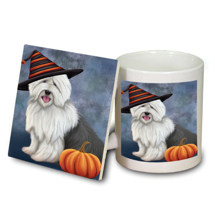 Happy Halloween Old English Sheepdog Wearing Witch Hat with Pumpkin Mug and Coaster Set MUC54898