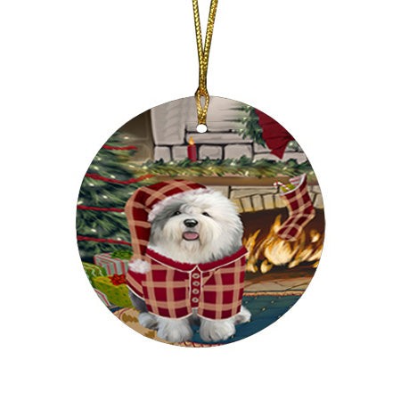 The Stocking was Hung Old English Sheepdog Round Flat Christmas Ornament RFPOR55726