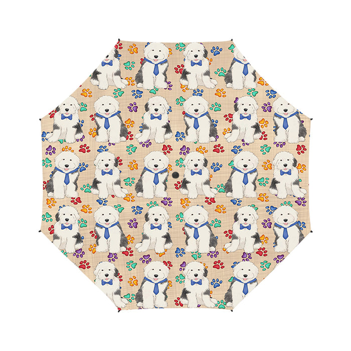 Rainbow Paw Print Old English Sheepdog Blue Semi-Automatic Foldable Umbrella
