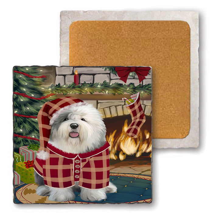 The Stocking was Hung Old English Sheepdog Set of 4 Natural Stone Marble Tile Coasters MCST50370