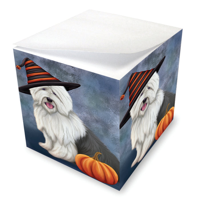 Happy Halloween Old English Sheepdog Wearing Witch Hat with Pumpkin Note Cube NOC56552