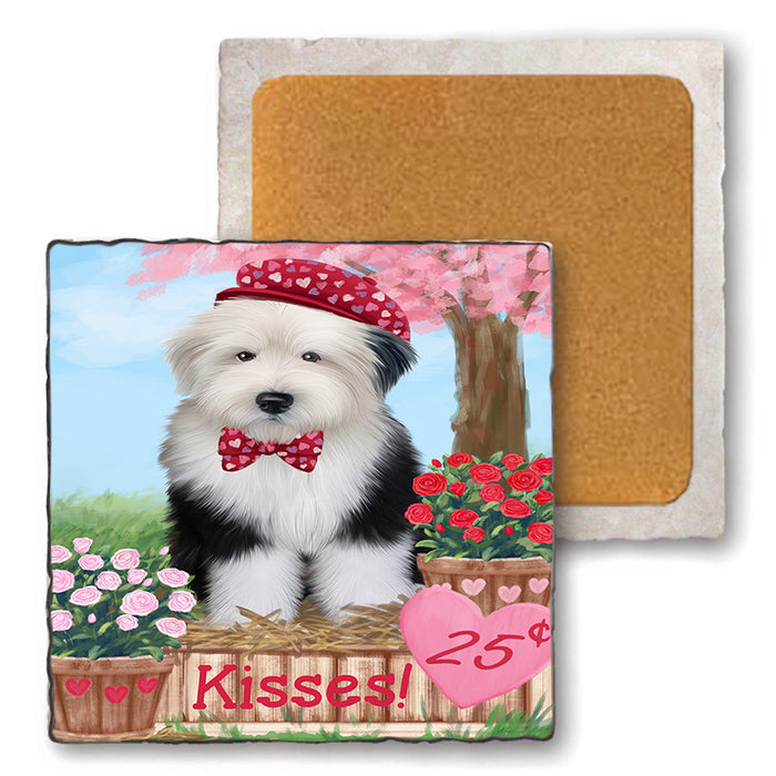 Rosie 25 Cent Kisses Old English Sheepdog Set of 4 Natural Stone Marble Tile Coasters MCST50979