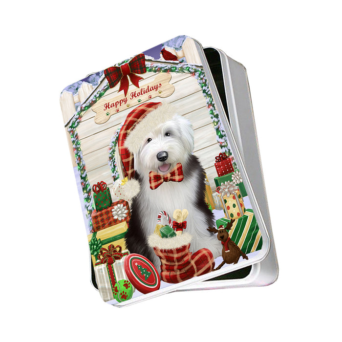 Happy Holidays Christmas Old English Sheepdog House With Presents Photo Storage Tin PITN52162