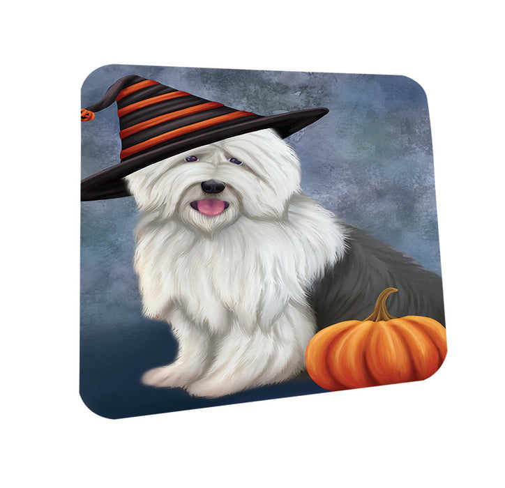 Happy Halloween Old English Sheepdog Wearing Witch Hat with Pumpkin Coasters Set of 4 CST54864