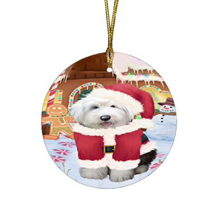 Christmas Gingerbread House Candyfest Old English Sheepdog Round Flat Christmas Ornament RFPOR56820