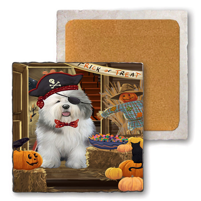 Enter at Own Risk Trick or Treat Halloween Old English Sheepdog Set of 4 Natural Stone Marble Tile Coasters MCST48201