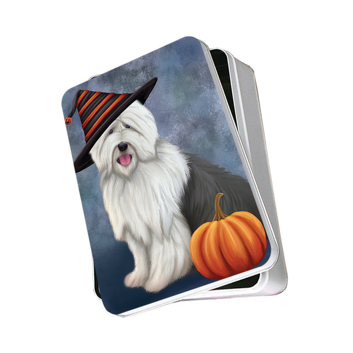 Happy Halloween Old English Sheepdog Wearing Witch Hat with Pumpkin Photo Storage Tin PITN54849