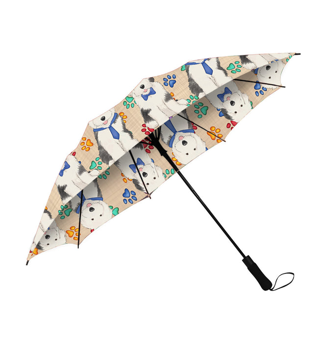 Rainbow Paw Print Old English Sheepdog Blue Semi-Automatic Foldable Umbrella