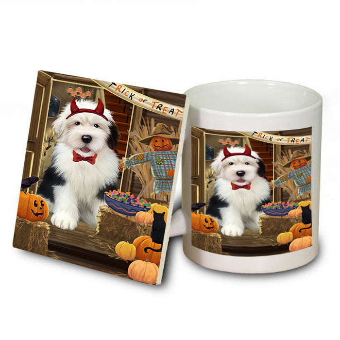 Enter at Own Risk Trick or Treat Halloween Old English Sheepdog Mug and Coaster Set MUC53194