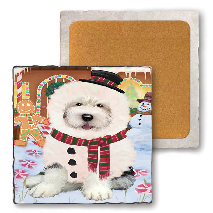 Christmas Gingerbread House Candyfest Old English Sheepdog Set of 4 Natural Stone Marble Tile Coasters MCST51465