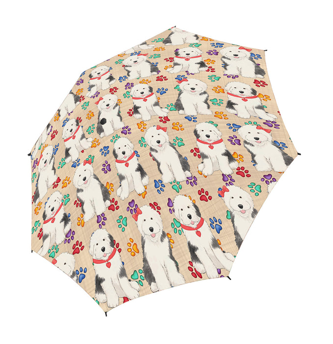 Rainbow Paw Print Old English Sheepdog Red Semi-Automatic Foldable Umbrella