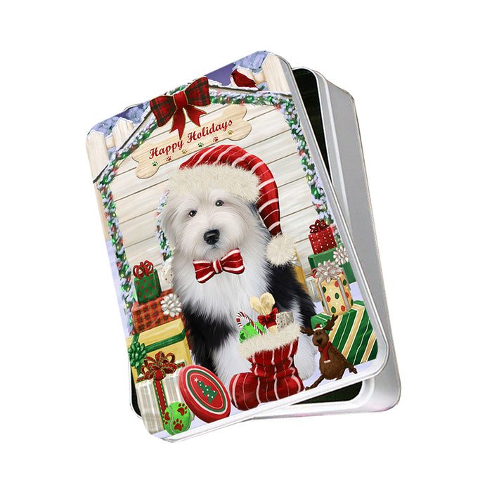 Happy Holidays Christmas Old English Sheepdog House With Presents Photo Storage Tin PITN52163
