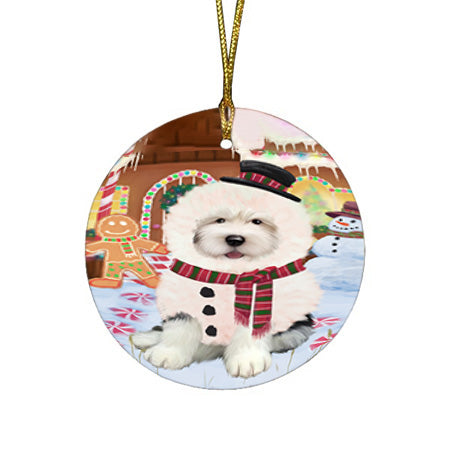 Christmas Gingerbread House Candyfest Old English Sheepdog Round Flat Christmas Ornament RFPOR56821