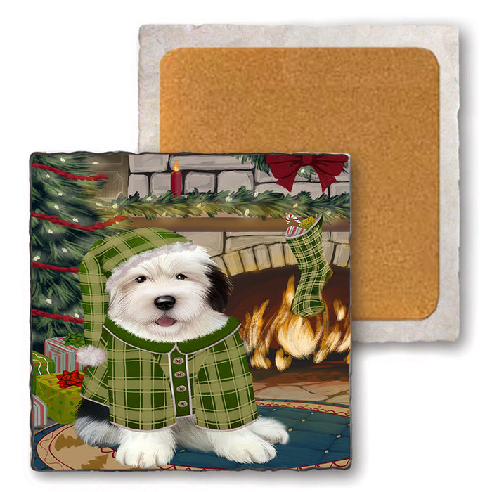 The Stocking was Hung Old English Sheepdog Set of 4 Natural Stone Marble Tile Coasters MCST50371