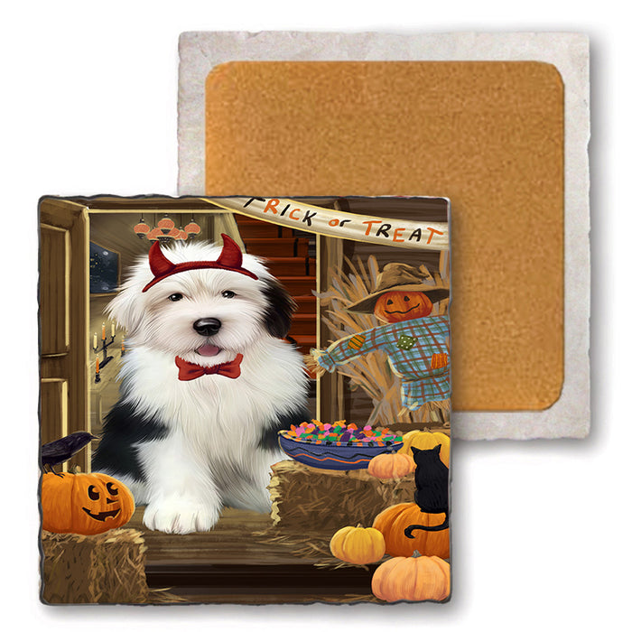 Enter at Own Risk Trick or Treat Halloween Old English Sheepdog Set of 4 Natural Stone Marble Tile Coasters MCST48202