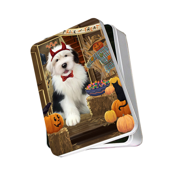 Enter at Own Risk Trick or Treat Halloween Old English Sheepdog Photo Storage Tin PITN53202