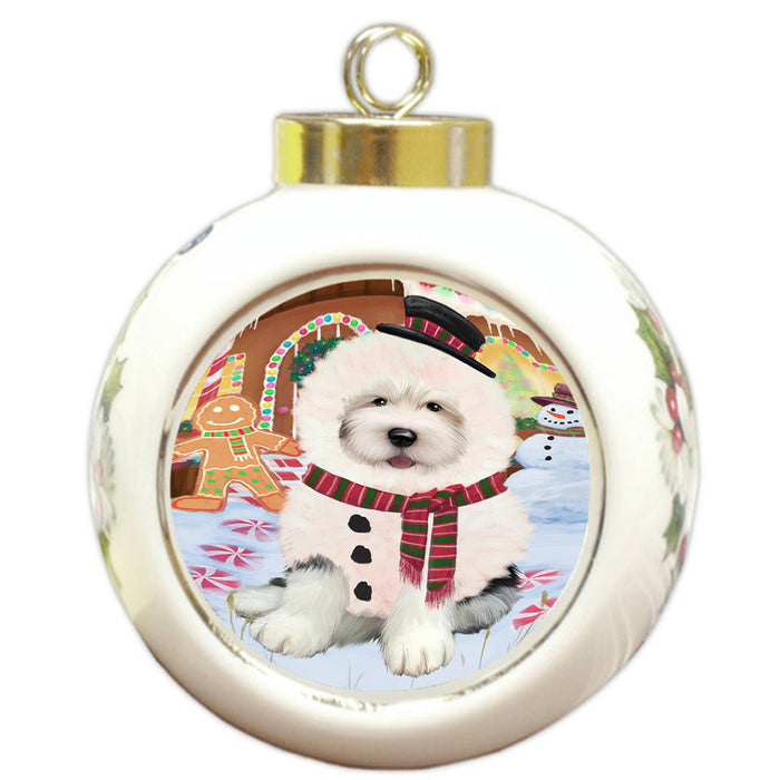 Christmas Gingerbread House Candyfest Old English Sheepdog Round Ball Christmas Ornament RBPOR56821