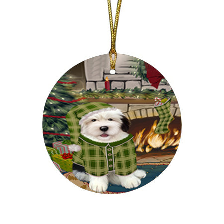 The Stocking was Hung Old English Sheepdog Round Flat Christmas Ornament RFPOR55727