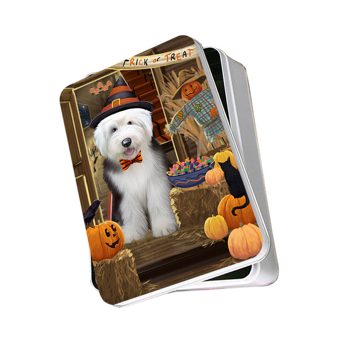 Enter at Own Risk Trick or Treat Halloween Old English Sheepdog Photo Storage Tin PITN53203