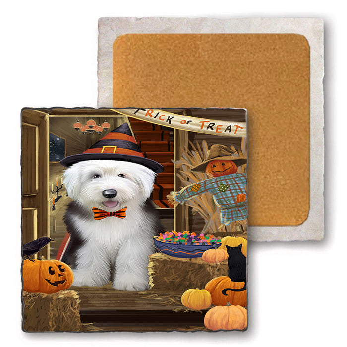 Enter at Own Risk Trick or Treat Halloween Old English Sheepdog Set of 4 Natural Stone Marble Tile Coasters MCST48203