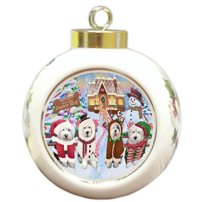 Holiday Gingerbread Cookie Shop Old English Sheepdogs Round Ball Christmas Ornament RBPOR56862