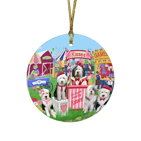 Carnival Kissing Booth Old English Sheepdogs Round Flat Christmas Ornament RFPOR56266