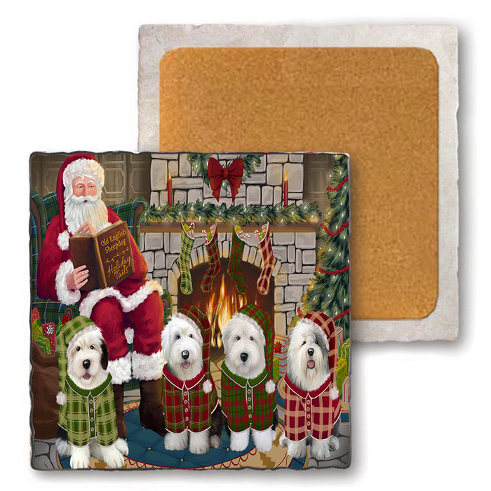 Christmas Cozy Holiday Tails Old English Sheepdogs Set of 4 Natural Stone Marble Tile Coasters MCST50139
