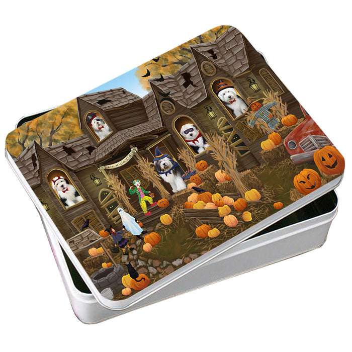 Haunted House Halloween Trick or Treat Old English Sheepdogs Photo Storage Tin PITN52882