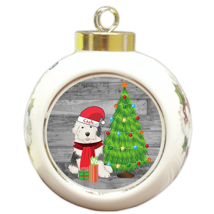 Custom Personalized Old English Sheepdog With Tree and Presents Christmas Round Ball Ornament
