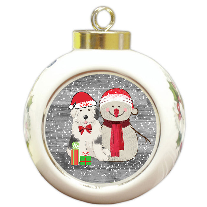 Custom Personalized Snowy Snowman and Old English Sheepdog Christmas Round Ball Ornament