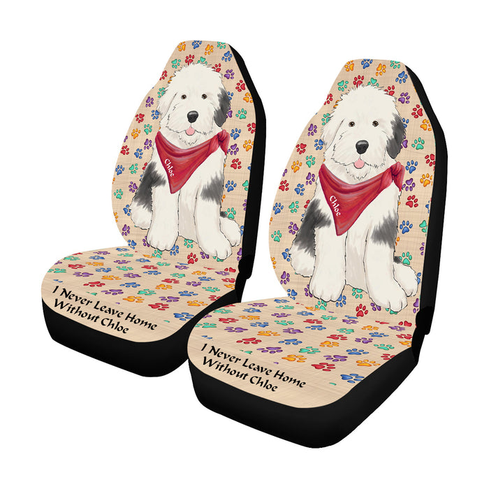 Personalized I Never Leave Home Paw Print Old English Sheepdogs Pet Front Car Seat Cover (Set of 2)