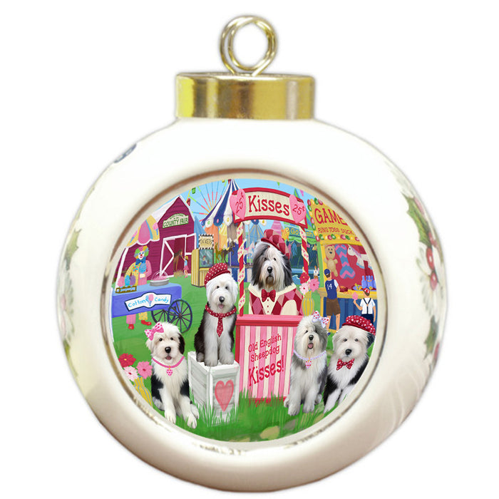 Carnival Kissing Booth Old English Sheepdogs Round Ball Christmas Ornament RBPOR56266