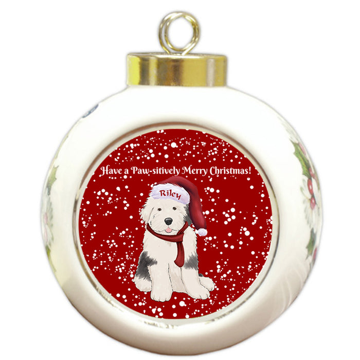 Custom Personalized Pawsitively Old English Sheepdog Merry Christmas Round Ball Ornament