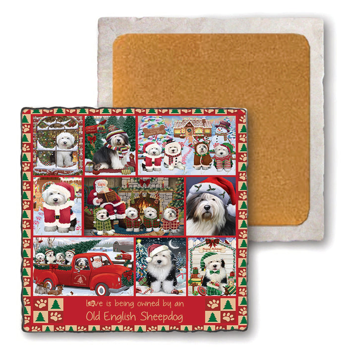 Love is Being Owned Christmas Old English Sheepdogs Set of 4 Natural Stone Marble Tile Coasters MCST52240