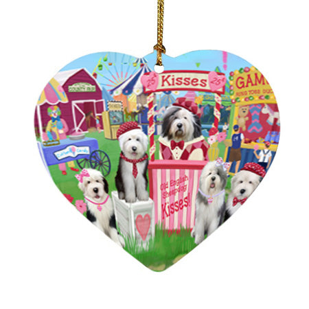 Carnival Kissing Booth Old English Sheepdogs Heart Christmas Ornament HPOR56266
