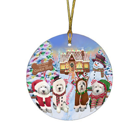 Holiday Gingerbread Cookie Shop Old English Sheepdogs Round Flat Christmas Ornament RFPOR56862
