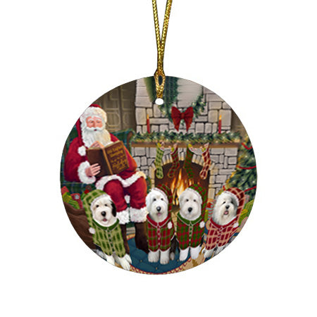 Christmas Cozy Holiday Tails Old English Sheepdogs Round Flat Christmas Ornament RFPOR55495