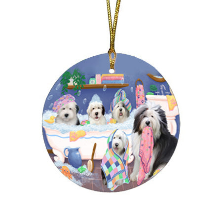 Rub A Dub Dogs In A Tub Old English Sheepdogs Round Flat Christmas Ornament RFPOR57161