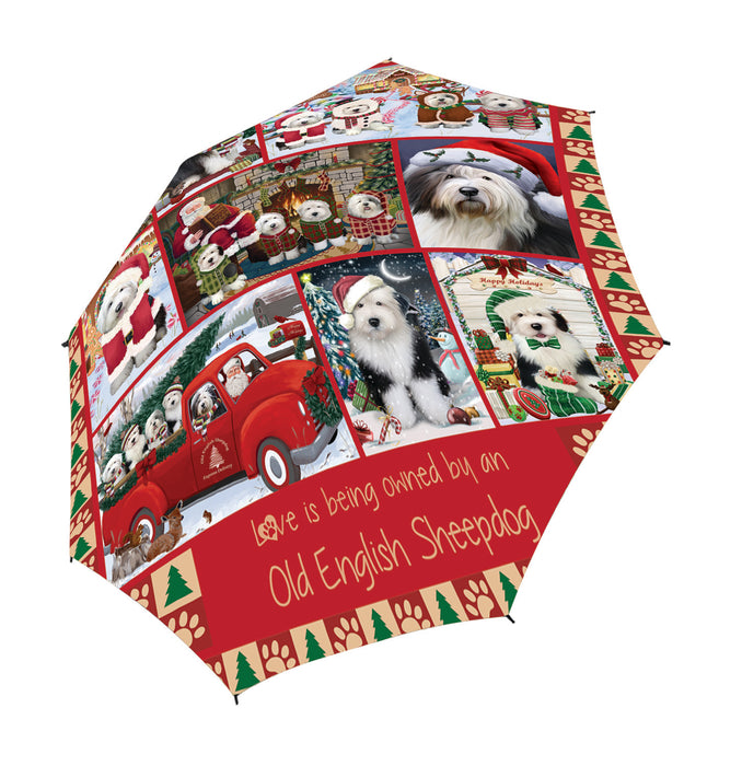 Love is Being Owned Christmas Old English Sheepdogs Semi-Automatic Foldable Umbrella